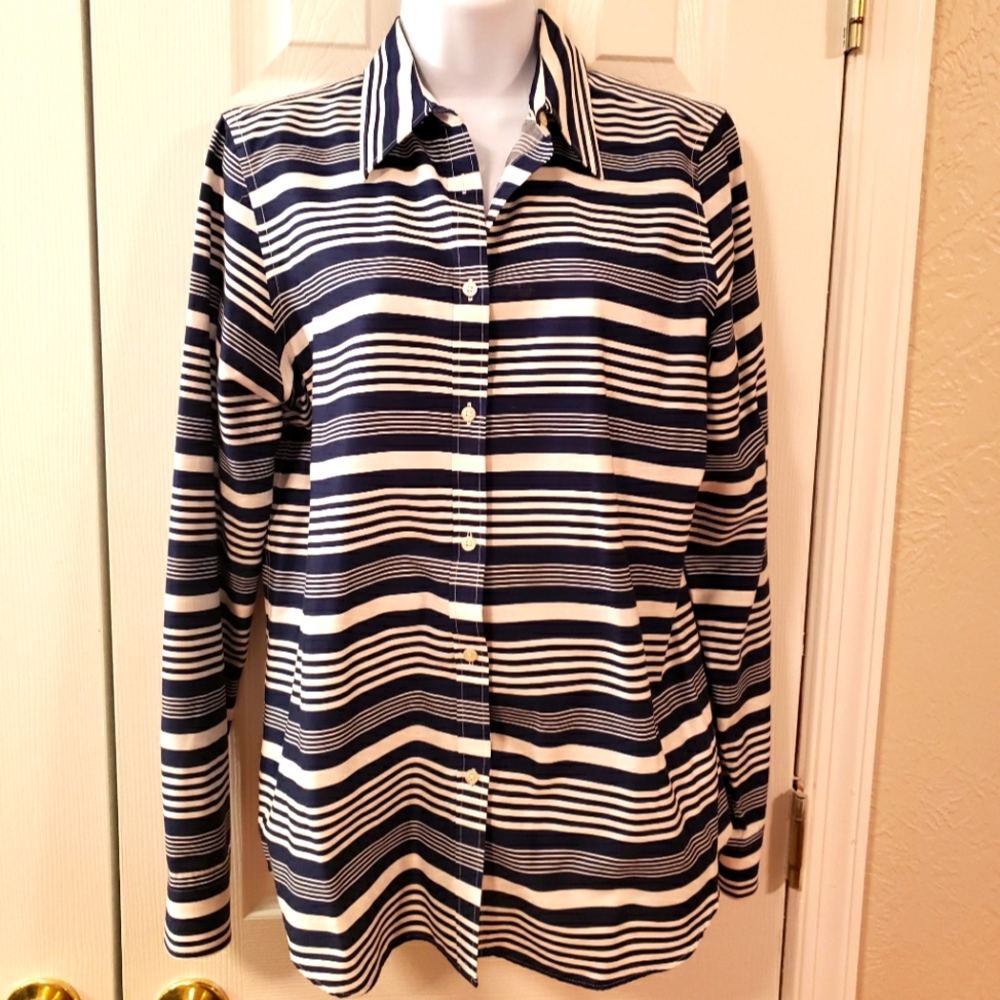 Chaps Navy Blue and White Striped Top with Lightweight Fabric and Relaxed Fit